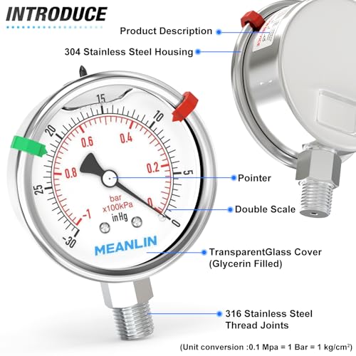 MEANLIN MEASURE -30inHG~0Psi Vacuum Pressure Gauge 316 Stainless Steel Joint 1/4"NPT 2.5"FACE DIAL, Liquid Filled Pressure Gauge WOG Water Oil Air Lower Mount with Stainless Steel Hex Bushing, Snaps - size: -30inHG-0Psi, style: Lower Mount
