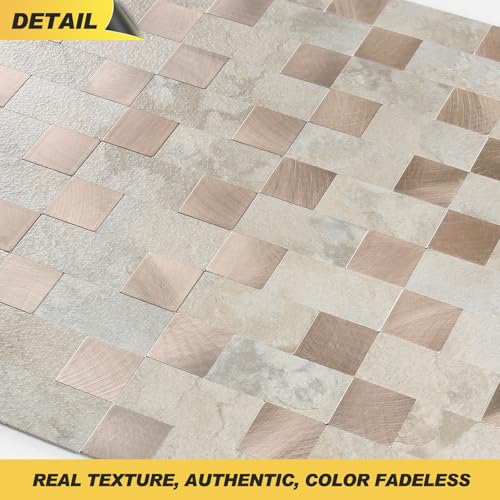 Yipscazo Peel and Stick Backsplash Tile, Stick on Stainless Steel Look Backsplash Metal Tiles for Kitchen Walls in Beige Stone Mixed Metal (12''x12'',10 Sheets) - color: Beige Stone mixed Metal