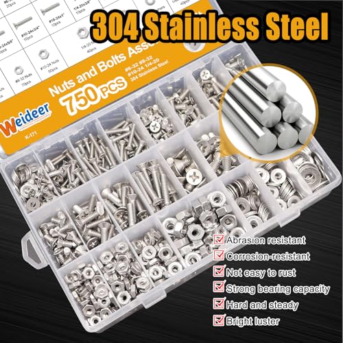 weideer 750PCS Nuts and Bolts Assortment Kit,Stainless Steel Machine Screws, #6-32#8-32#10-24#1/4-20Phillips Flat Head Screws Assorted with Nuts, Bolts,Washers - color: Silver, size: 750 pcs (#6-32, #8-32, #10-24, #1/4-20)