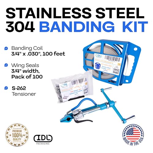 IDL Packaging 3/4" Stainless Steel 304 Banding Kit – Heavy-Duty Banding Tool + 3/4" x 0.03" x 100' Stainless Steel 304 Banding Coil + 100 Stainless Steel Wing Seals - size: 3/4" x 0.03" x 100', style: SS 304 + Seals