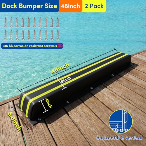 Dock Bumpers 36 Inch/48 Inch/58 Inch/72 Inch, Boat Dock Bumpers with Upgrade Reflective Strip and Stainless Steel Screws, Dock Fenders Bumper Guards Marine Grade (Black/White/Gray) -1 Pack 2 Pack - color: Black, style: 48in-2pack