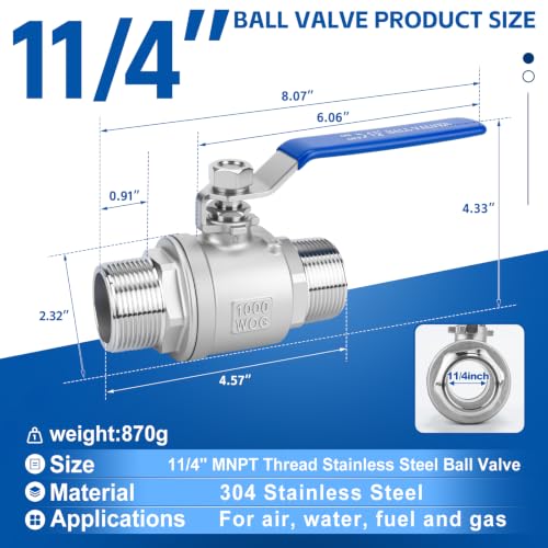 1-1/4 Inch NPT Ball Valve 2 Pack, Male Full Port Shut Off Valve - size: 1-1/4 Inch