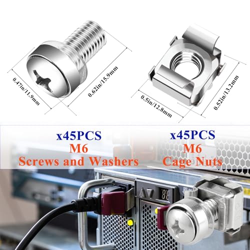 45‑Pack M6 x16mm Rack Screws, Cage Nuts & Washers Server Cabinet - color: 45Pack-M6 x 16mm-Silver