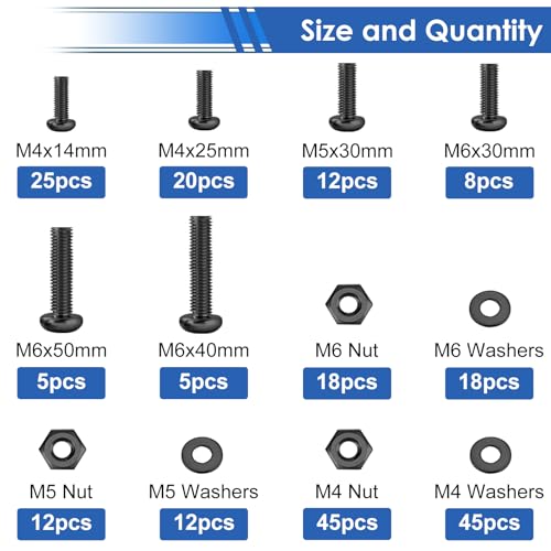 smseace 225Pcs Nuts and Bolts Assortment Kit 12-Sizes M4/M5/M6 Nut Bolt Washer Assortment Kit for Machinery, Furniture, Automotive, Motorcycle Repairs - color: Black, size: 225Pcs M4-M6