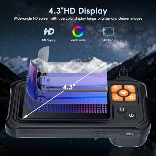 SKYBASIC Industrial Endoscope Borescope Camera with Light, 4.3'' HD Digital Handheld Waterproof Sewer Tools Snake Inspection Camera with 8 LED Lights 16.5FT Semi-Rigid Cable, Gadgets for Men - size: 16.5FT