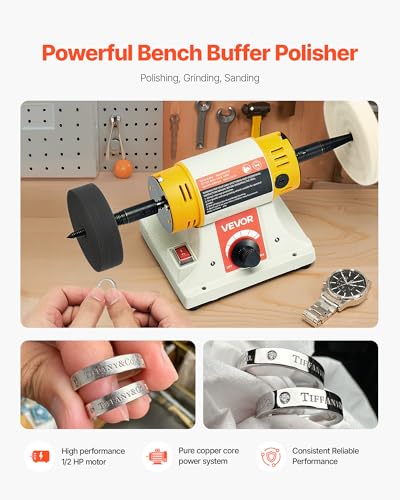 VEVOR Bench Buffer Polisher, 1/2HP Polishing Buffing Machine, 0 to 8000RPM Benchtop Polisher Grinder with 4" Cloth Wheel, 3" Grinding Wheel & 3" Fiber Wheel for Metal, Jewelry, Wood and Plastic - style: 1/2HP-4inch-Stylobate
