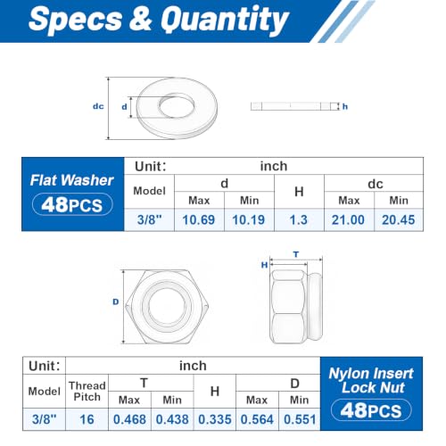 3/8-16 Lock Nut 96Pcs Stainless Steel Nylock Locking Nuts with Washers - size: locknuts-3/8" 96pcs