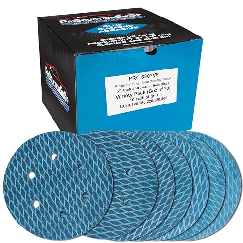ProductionShop Premium 6" Rhombus Diamond Shape Blue Sanding Discs, 6-Hole, 70 Disc Variety Pack, Grits 60, 80, 120, 150, 180, 220, 320, 400 - Hook & Loop Sandpaper, Random Orbital Sanders, Metal Wood - style: Variety Pack