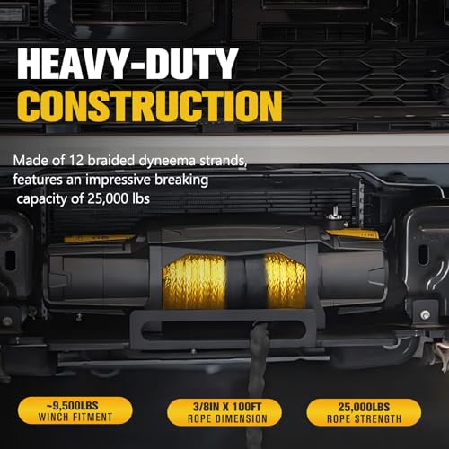 BUNKER INDUST 3/8" x 100' Synthetic Winch Rope,25000LBS Winch Cable with Protective Sleeve 100ft Winch Line Replacement for Off-Road Vehicle SUV Truck, Yellow - color: yellow, size: 3/8inch x 100ft