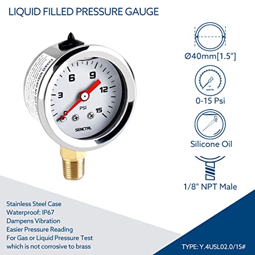 SENCTRL 0-15 Psi Fuel Pressure Gauge, 1/8" NPT Lower Mount - size: 0-15 Psi, style: Lower Mount