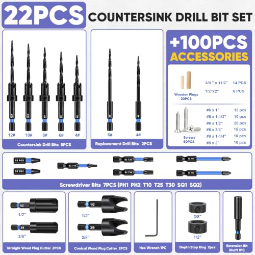 Countersink Drill Bit Set 22PCS with 20 Wood Plugs & 80 Screws for Wood