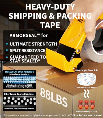 Heavy Duty Packing Tape with Metal Dispenser, 2.7 Mil Ultra-Thick Shipping Tape for Moving & Packaging, 1.88" x 60 Yards, 1 Roll Industrial Clear Tape with Pro-Seal Cutter System - size: 1-Roll with Dispenser,1.88'' x 60Yd.