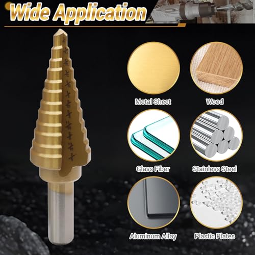 Uenhoy Titanium Step Drill Bit 1/8"-1/2" 13 Sizes HSS for Metal Plastic - size: 1/8 to 1/2 Inch