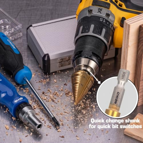 NEIKO 10636A Step Drill Bit, 3 Steps 7/8" to 1-7/32" Straight High Speed Steel, Titanium Nitride Coated, 1/4” Quick Change Step Bits for Steel, Metal, Wood, Plastic, Unibit Cone Drill Bits, Two Flute - size: #11 (7/8 - 1-7/32", 3S), style: Straight