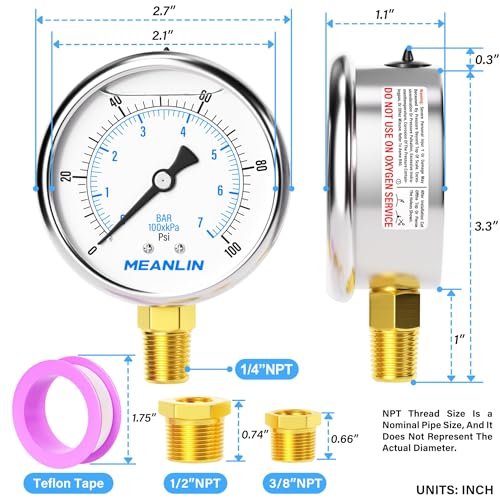 MEANLIN MEASURE 0~100Psi Stainless Steel 1/4" NPT 2.5" FACE DIAL,Liquid Filled Pressure Gauge,WOG Water Oil Air Lower Mount (Pack of 2), with 1/2" NPT and 3/8" NPT Hex Bushing - size: 0-100Psi (2Pcs)