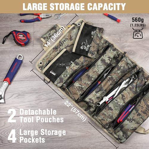 WORKPRO Roll Up Tool Bag, Tool Roll Organizer, 4 Pockets & 2 Pouches, Camo - color: Camo