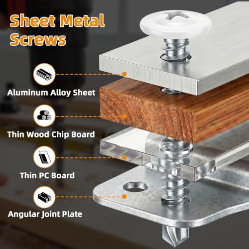 Mellewell #8 x 5/8" Modified Truss Head Fast Self Tapping Screws, White Head Self Drilling Sheet Metal Screws, Carbon Steel, Screwdriver Bit Included, 100 PCS - color: White, size: #8 x 5/8"