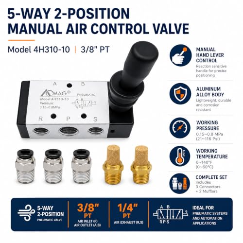 AOMAG Pneumatic 3/8" PT 5 Way 2 Postion Air Hand Lever Operated Valve Pneumatic Solenoid Valve Manual Control Push-Pull 4H310-10 - size: 3/8" PT