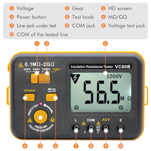 VC60B Digital Insulation Resistance Tester, Electrical Megaohm Meter with 250V/500V/1000V Test Voltage Testing Insulation Resistance IR 0.1MΩ~2GΩ, Multimeter Measure AC Voltage