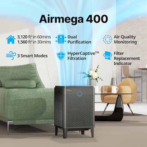 COWAY Air Purifier for Home Large Room Up to 3,120ft², Washable Pre-Filter and HEPA Filter for Smoke, Allergies, Pet Dander, Odor, AQI, Auto & Sleep Mode, Timer, 5yr Warranty, Airmega 400(G) - style: AIRMEGA 400 GRAPHITE
