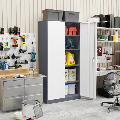 SUNCROWN Metal Storage Cabinets with Lock, Tool Cabinet, 72" Locking Steel Storage, Tall Locker Organizer Garage Cabinets with 2 Doors and 4 Shelves for Home,Office,Warehouse,Garage,School(Grey White) - color: Grey & White, size: 72"H x 36"W x 18"D