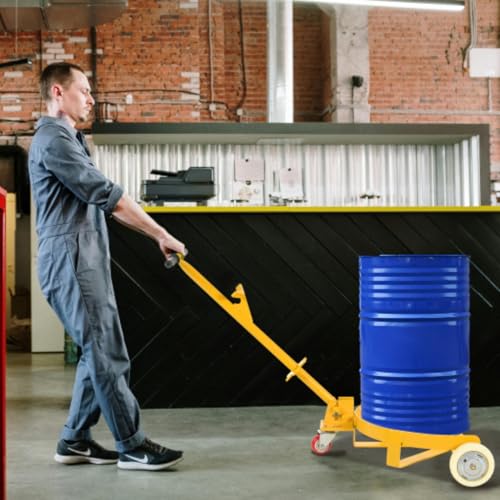 55 Gallon Drum Dolly, 1200 lbs Load Capacity, Adjustable Handle Barrel Dolly Cart with One 360° Swivel Lockable Wheel, Low Profile Steel Oil Drum Caddy for Warehouse, Workshop, Factory, Dump Station