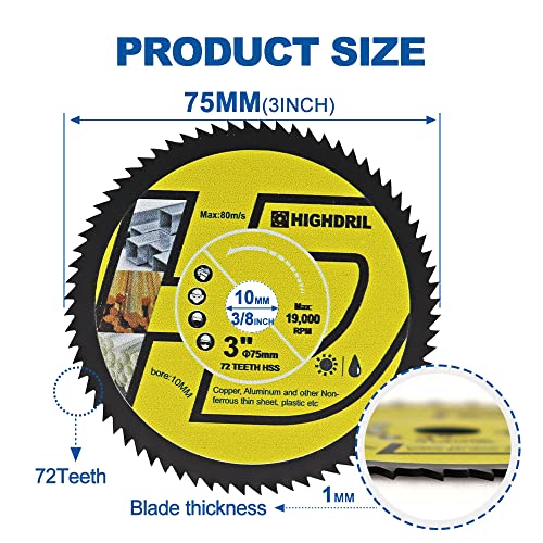 HIGHDRIL HSS Circular Saw Blade - 3PCS 3inch/75mm 72T 10mm Bore Cutting Discs for Wood, Copper, Aluminum, Plastic and Soft Metal - size: HSS Saw Blade