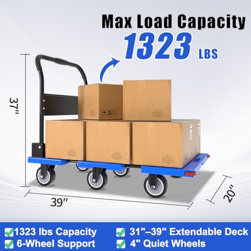 WUD 1323 lbs Heavy Duty Folding Platform Cart with Extendable Deck (31''–39''), 6-Wheel Support, 4'' Quiet Casters, Thick Reinforced Flatbed Dolly for Warehouse, Garage & Moving - color: Blue
