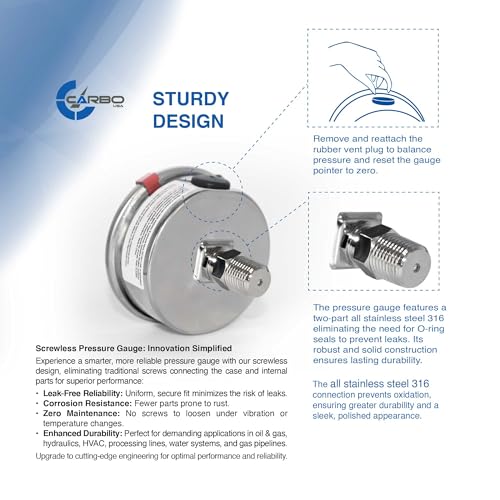 Carbo 400 PSI Liquid Filled Pressure Gauge with NIST Traceable Certificate, Calibrated in USA Lab, 2.5" Dial, 1/4 NPT Back Mount, ASME Grade A, 316 SS Case, 316 SS Wetted Parts, PSI/Bar - size: 0-400 PSI, style: NIST TRACEABLE