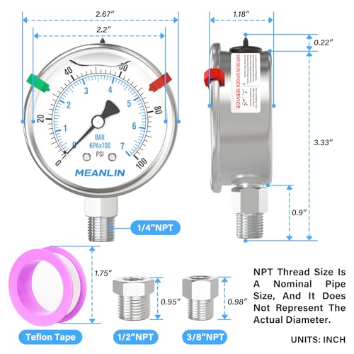 MEANLIN MEASURE 0~100Psi Stainless Steel Liquid Filled Pressure Gauge 2.5" FACE DIAL 1/4" NPT for Well Pump Tire Water Pressure Tester Lower Mount with Stainless Steel Hex Bushing and Snaps - size: 0-100Psi, style: Lower Mount