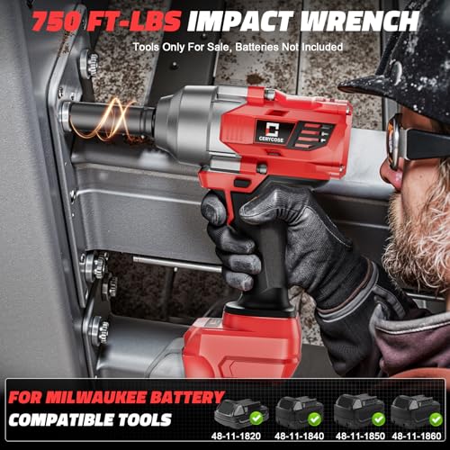 Cerycose Cordless impact Wrench 1/2 inch Compatible with Milwaukee 18v Battery, 750FT-LBS (1000N.m) Brushless Electric Impact Gun with LED Work Light & 6 Sockets, High Torque Impact Driver, Bare Tool - color: Red (750 Ft-lbs Socket Kit)