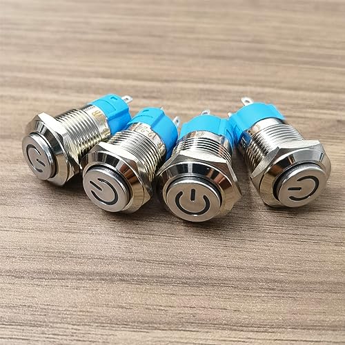 Gebildet 4pcs IP65 Waterproof Push Button 12mm 3A 12-24V with LED Indicator Light Latching Metal Push Button(High Head) - size: 12mm-Blue LED