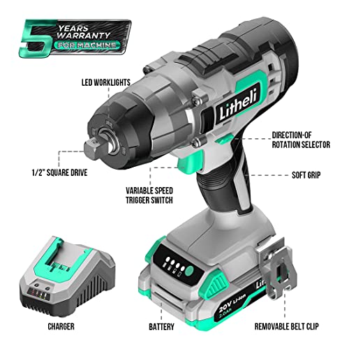 LiTHELi 20V Cordless Impact Wrench 1/2 inch, Max 320 ft-lbs (433N.m) & 3200 RPM, High Torque Bare Tool for Car Tires, Auto Repair & Home DIY, Compatible 20V Battery (Tool Only)