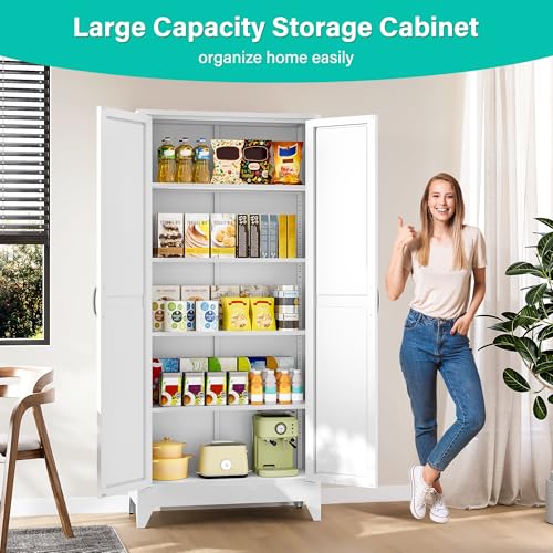 SISESOL 75" Tall Pantry Cabinet,Farmhouse Kitchen Pantry Storage Cabinets with 2 Doors and 5 Shelves,White Metal Storage Cabinet,Large Cupboard for Home,Kitchen,Dining/Living Room - color: White, size: 75"H