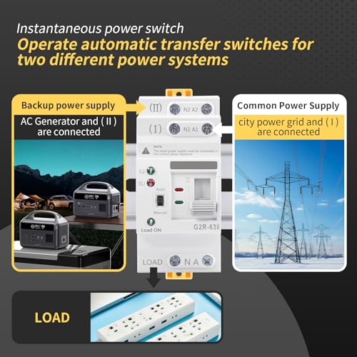 Mini ATS AC Automatic/Manual Transfer Switch 2P 63A 220V, ATS Manual Transfer Switches for Uninterruptible Power Supply Home,Dual Power Electrical Selector Switch DIN Rail Mount (G2R 2P 63A AC220V) - style: ATS G2R 2P 63A AC220V