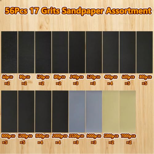 56Pcs Multi Grit Sandpaper Assortment 60-7000 Grit Wet Dry Silicon Carbide Sandpaper Sheets, Sand Paper for Wood Furniture, Car, Metal Polishing & Finishing