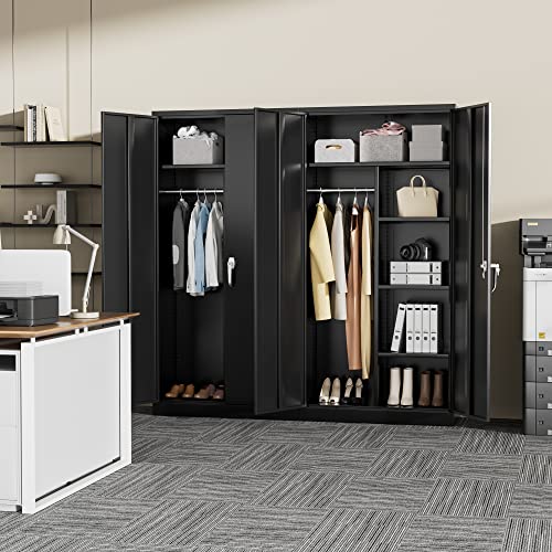 Greenvelly Metal Storage Wardrobe with 2 Doors, Black 72” Steel Storage Wardrobe Cabinet, Employees Locker Closet Clothing Coat Steel Wardrobe Cabinet with Hanging Rod for Garage, Gym, Home Office - color: Black, style: 72"H-Locker