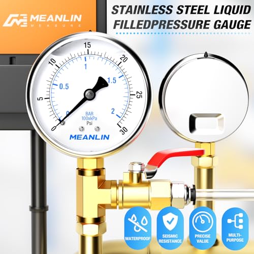 MEANLIN MEASURE 0~30Psi Stainless Steel 1/4" NPT 2.5" FACE DIAL,Liquid Filled Pressure Gauge,WOG Water Oil Air Lower Mount (Pack of 2), with 1/2" NPT and 3/8" NPT Hex Bushing - size: 0-30Psi (2Pcs)