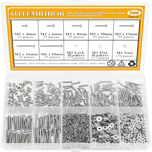 705 Pieces M2 Machine Screws Nuts Washers Set, Sutemribor M2 x 4/6/8/10/12/16/20mm Phillips Pan Head Machine Screws Nuts Washers Assortment Kit, 304 Stainless Steel, Fully Threaded - size: M2 Screws Kit, style: Phillips Pan Head
