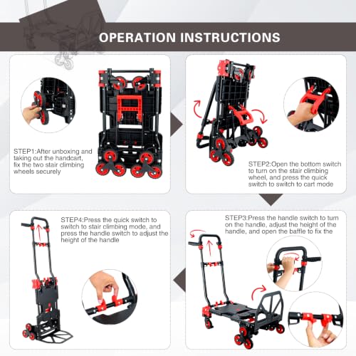 2 in 1 Foldable Stair Climbing Dolly Cart with Wheels(Red) - color: Red