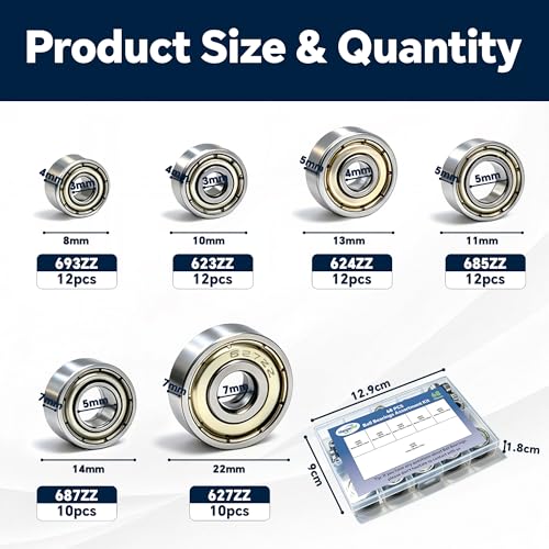 68 Pcs Ball Bearings Assortment Kit 693ZZ/ 623ZZ/ 624ZZ/ 685ZZ/ 687ZZ/ 627ZZ Roller Bearings, Small Bearings Carbon Steel Deep Groove Bearing, for Furniture Wheel, Roller Skates, 3D Printing