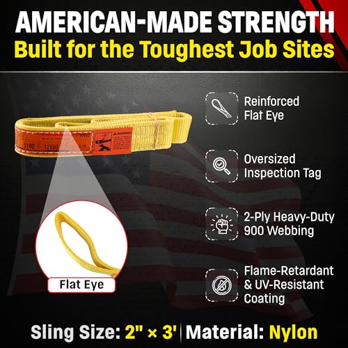 DD Sling 2 Inch x 3 Foot Nylon Lifting Sling – USA Made, 6,400 lb Vertical, 5,100 lb Choker, 12,800 lb Basket – 2-Ply Heavy Duty 900 Webbing, Type 3 Flat Eye & Eye Rigging Sling