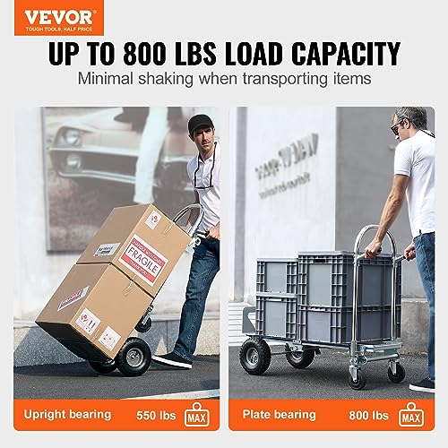 VEVOR Aluminum Truck, 2 in 1, 800 lbs Load Capacity, Heavy Duty Industrial Convertible Folding Hand Truck and Dolly, Utility Cart Converts from Hand Truck to Platform Cart with Rubber Wheels - size: 800 lbs