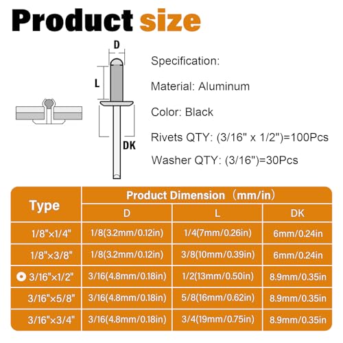 130pcs 3/16" x 1/2" Black Aluminum Pop Rivets with Stainless Steel Washers 4.8 x 12.7mm Blind Rivet Assortment Kit - size: 3/16*1/2