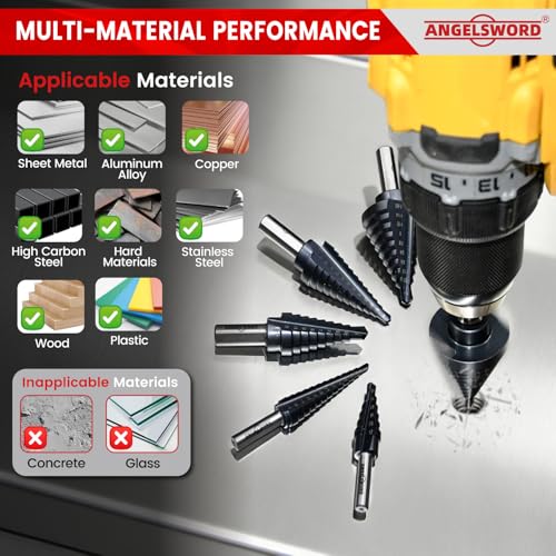 ANGELSWORD Step Drill Bits, 50 Sizes, 5PCS M35 TiAlN Coated Step Drill Bit Set for Stainless Steel, High Carbon Steel, Hard Material and Sheet Metal, with Aluminum Case - style: M35 5 PC Set