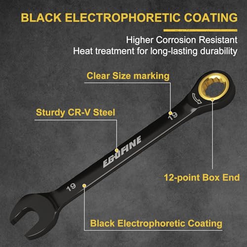 Egofine 19mm Ratchet Wrench, 19mm Wrench Ratcheting Combination Wrenches Metric, Industrial Grade Gear Spanner with 12 Point Box End, 72-Teeth Ratchet Black Electrophoretic Coating,CR-V - style: 19mm