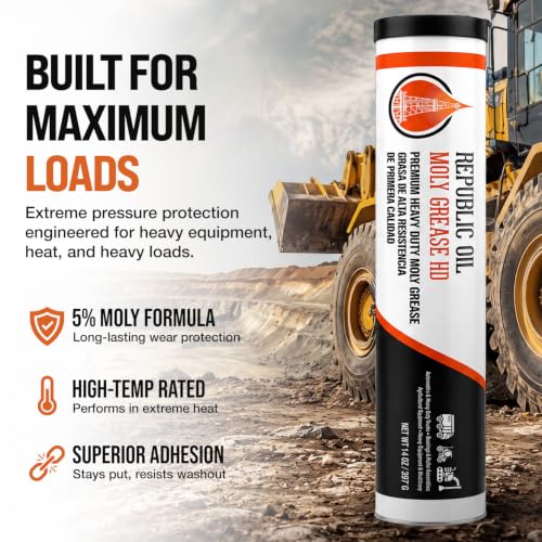 Republic Oil Elite Heavy Duty 5% Moly Grease Tubes #2 Calcium Sulfonate 4 Boxes / 40x14oz – High Temp Heavy Duty Grease Tubes for Construction, Mining, Agriculture & Fifth Wheels Made in USA - size: 40 x 14 oz Tubes