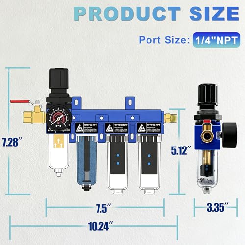 1/4" NPT 4 Stage Air Dryer System, Air Dryer for Compressor,Brass Filter & Desiccant Dryer & Air Regulator,Double Carbon Fiber Deodorizing Filter Cartridge,Semi-Auto Drain, Metal Bracket-Blue - style: 4 Stage