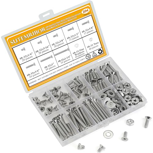 204 Pieces #8-32 x 1/4", 5/16", 3/8", 1/2", 5/8", 3/4", 1", 1-1/4", Phillips Countersunk Head Machine Screws Nuts Washers Assortment Kit - size: #8-32, style: Phillips Countersunk Head