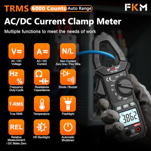 FKM AC/DC 600 Amp Clamp Meter Digital Multimeter Tester TRMS 6000 Counts - color: Grey Black-18D